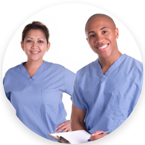 woman and man in chipped scrubs